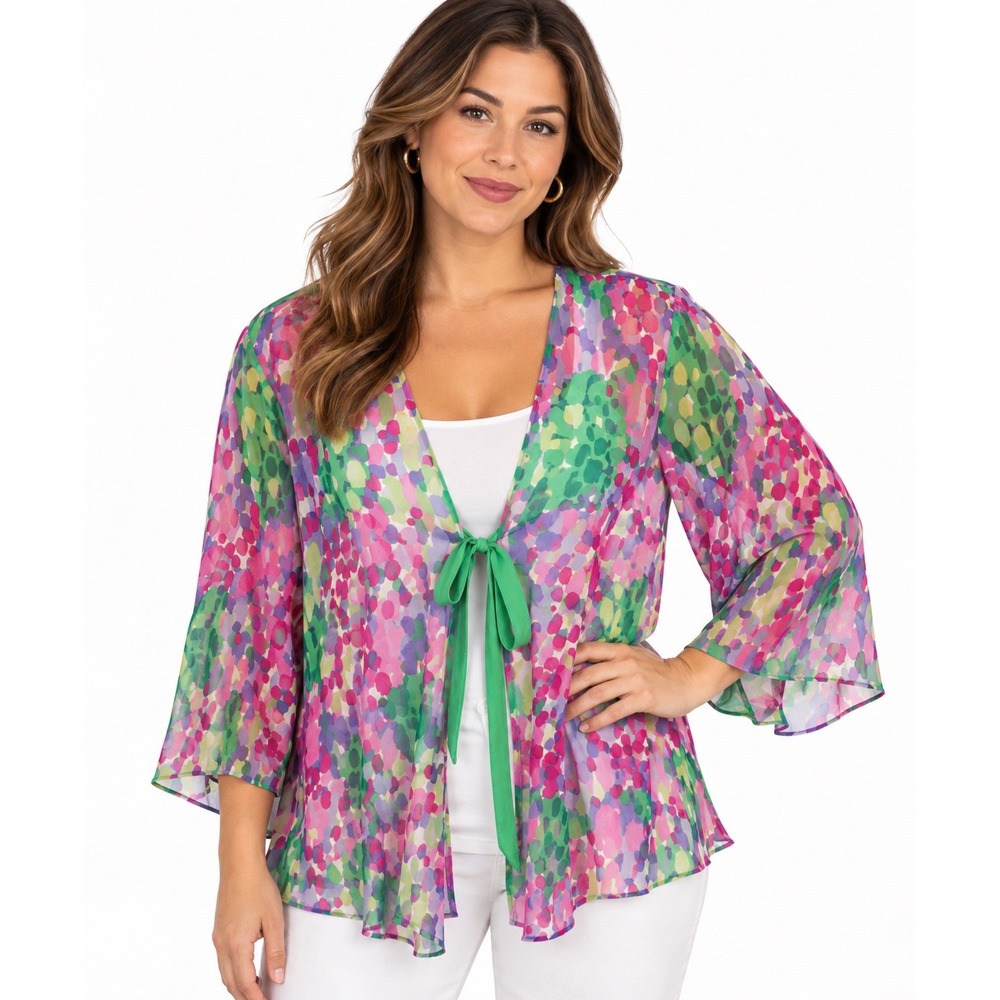 Bob Mackie Wearable Art 100% Silk Abstract Floral Tie Front Cardigan XL A61922